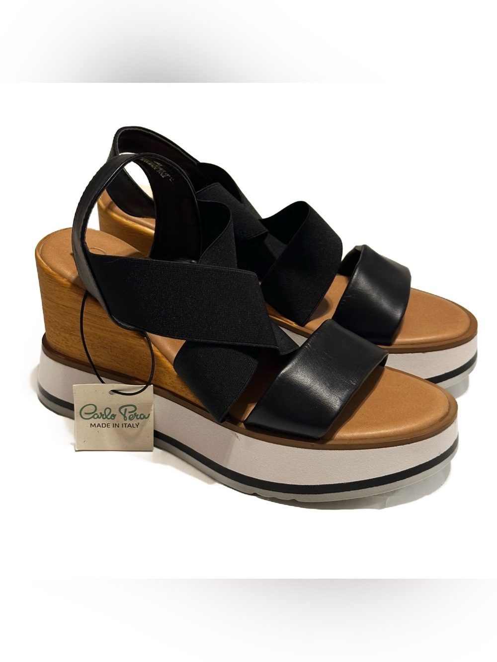NWT Carlo Pera Black Leather Wedge Sandals